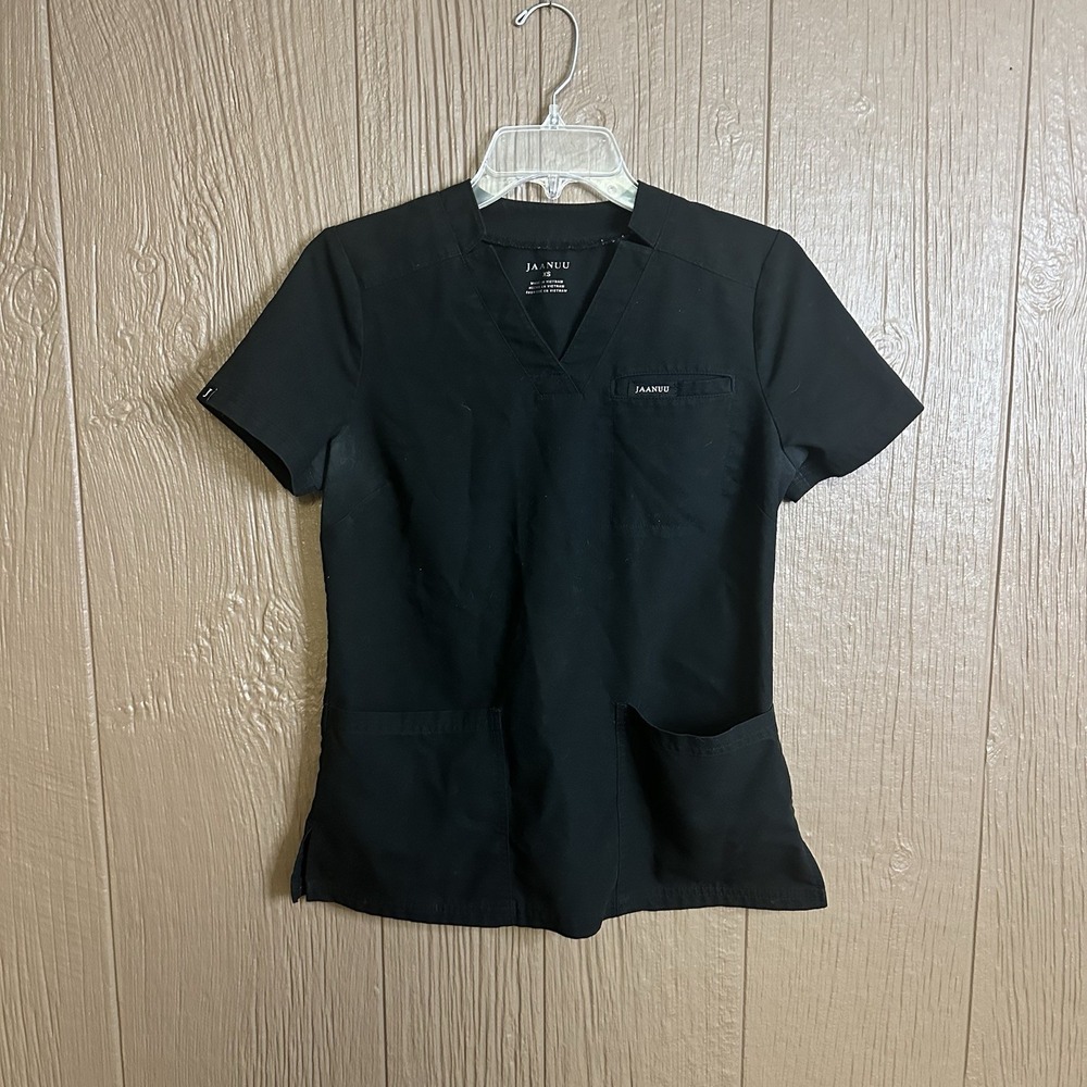 Jaanuu Scrub Top Womens XS V Neck Black Front Pockets Medical Nurse Workwear